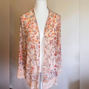 Xhilaration Sheer Floral Print Crochet Trim Kimona Size Medium Y2K